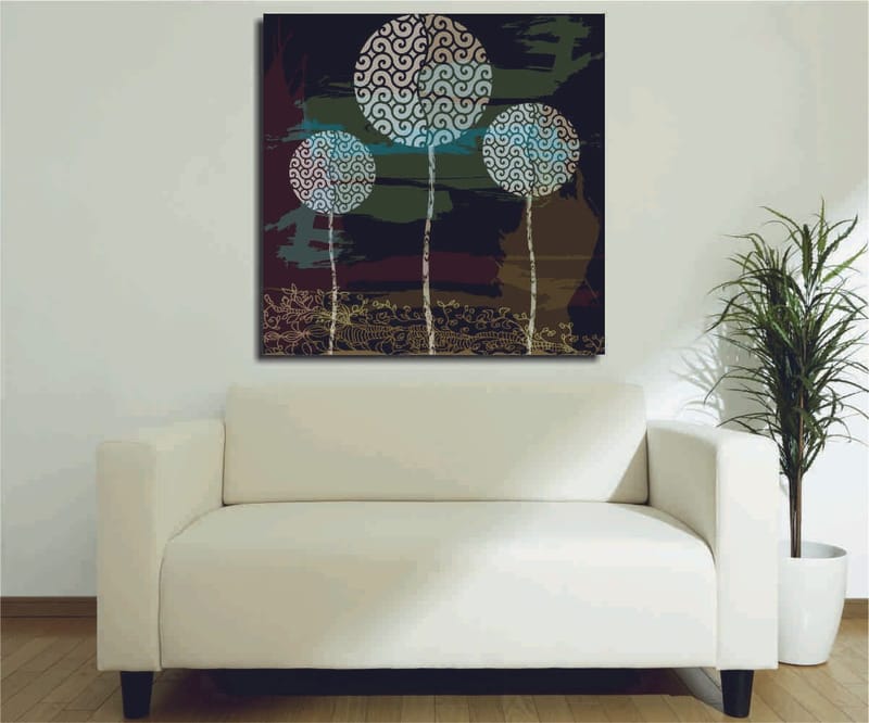 Lærredstryk 45x45 cm - Abstrakt komposition med stiliserede trætoppe, Grøn / Sort / Hvid