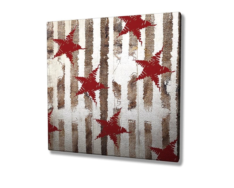 Lærredstryk 45x45 cm - Abstrakt komposition med stjerner og lodrette linjer - Rød / Brun / Hvid - Boligtilbehør - Billeder & kunst - Billeder på lærred