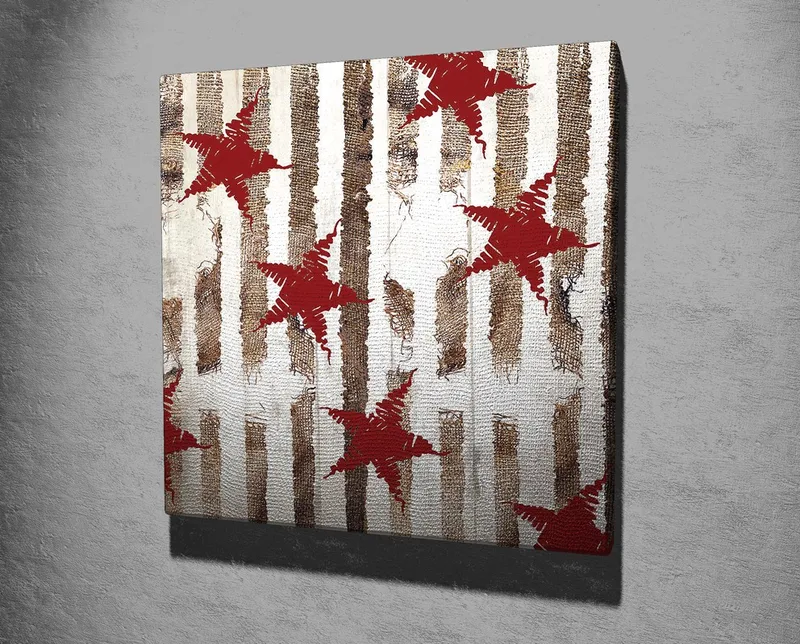 Lærredstryk 45x45 cm - Abstrakt komposition med stjerner og lodrette linjer - Rød / Brun / Hvid - Boligtilbehør - Billeder & kunst - Billeder på lærred