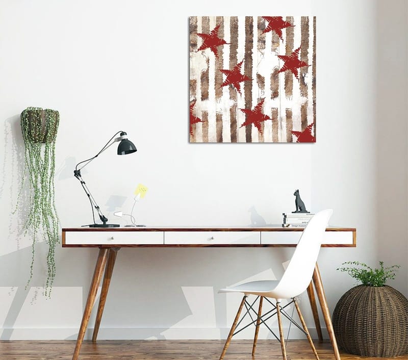 Lærredstryk 45x45 cm - Abstrakt komposition med stjerner og lodrette linjer, Rød / Brun / Hvid