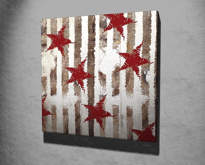 Lærredstryk 45x45 cm - Abstrakt komposition med stjerner og lodrette linjer - Rød / Brun / Hvid - Boligtilbehør - Billeder & kunst - Billeder på lærred