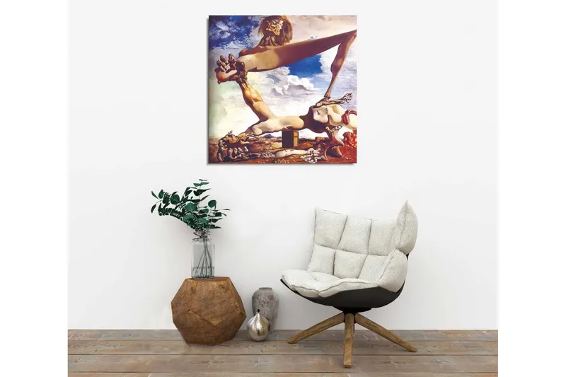 Lærredstryk 45x45 cm - Abstrakt komposition med surrealistiske former og figurer - Beige / Brun / Blå - Boligtilbehør - Billeder & kunst - Billeder på lærred