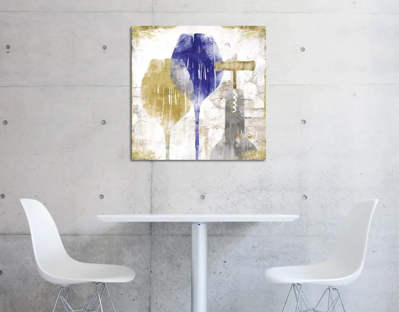 Lærredstryk 45x45 cm - Abstrakt komposition med vinglas og proptrækker, Blå / Gul / Grå