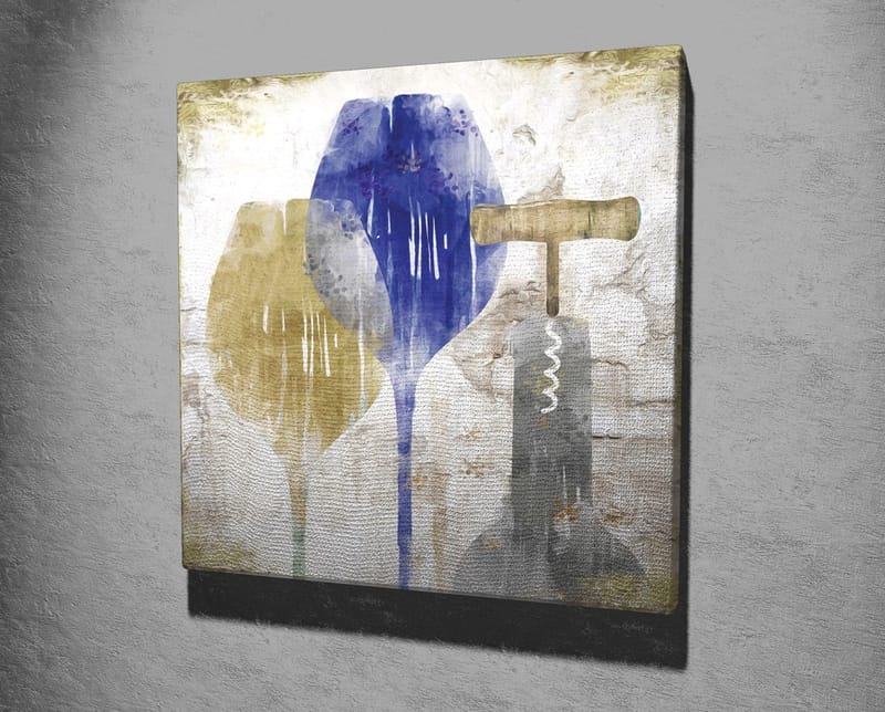 Lærredstryk 45x45 cm - Abstrakt komposition med vinglas og proptrækker - Blå / Gul / Grå - Boligtilbehør - Billeder & kunst - Billeder på lærred