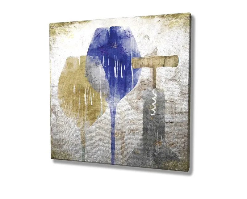 Lærredstryk 45x45 cm - Abstrakt komposition med vinglas og proptrækker - Blå / Gul / Grå - Boligtilbehør - Billeder & kunst - Billeder på lærred