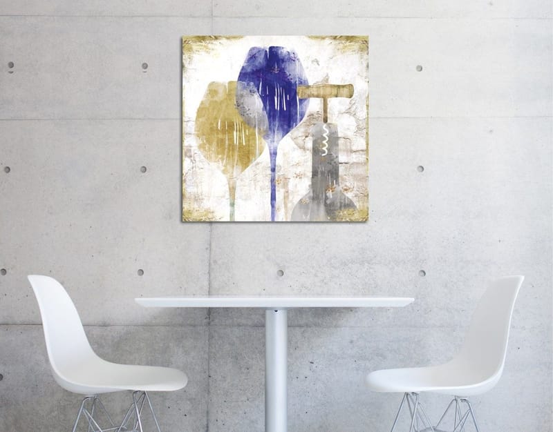 Lærredstryk 45x45 cm - Abstrakt komposition med vinglas og proptrækker, Blå / Gul / Grå