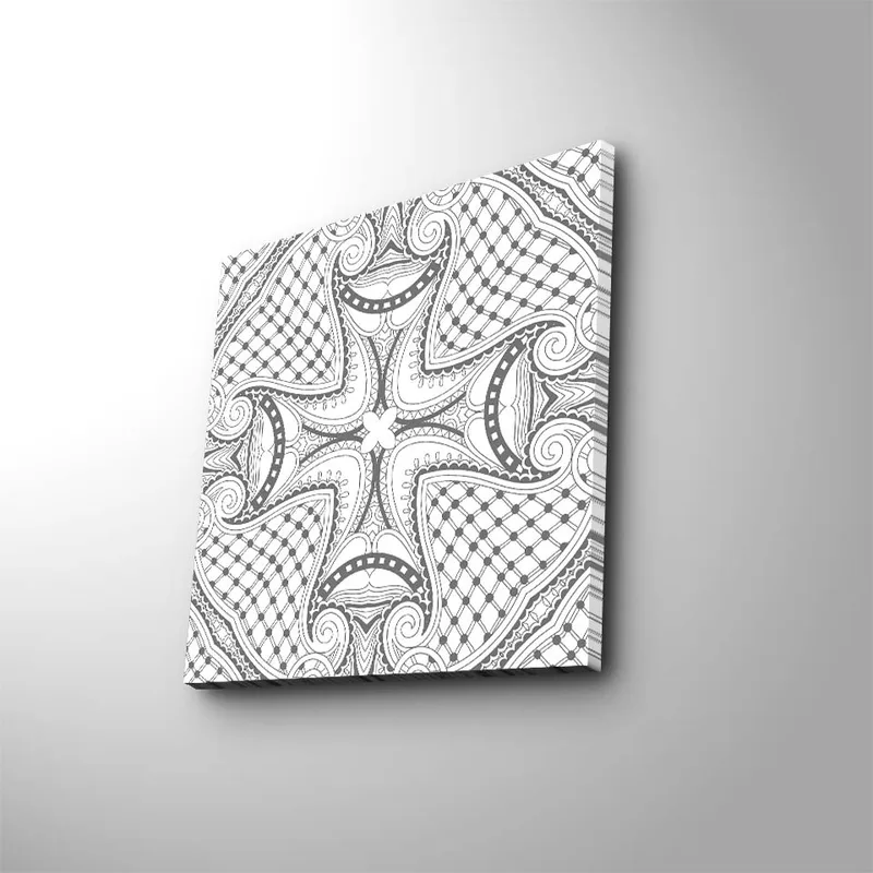 Lærredstryk 45x45 cm - Abstrakt mønster med sorte linjer og detaljer på hvid baggrund, Sort / Hvid