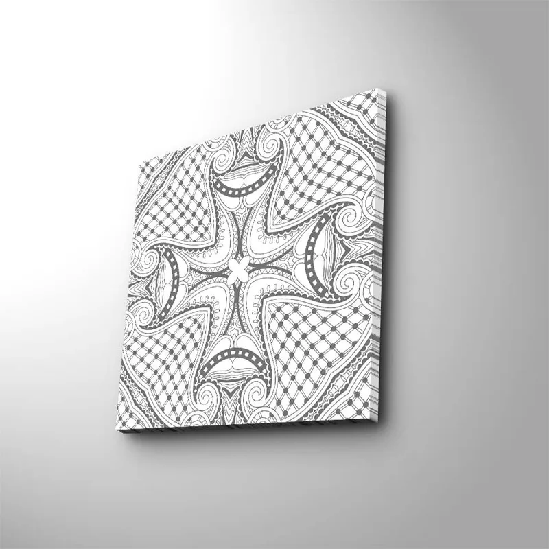 Lærredstryk 45x45 cm - Abstrakt mønster med sorte linjer og detaljer på hvid baggrund, Sort / Hvid