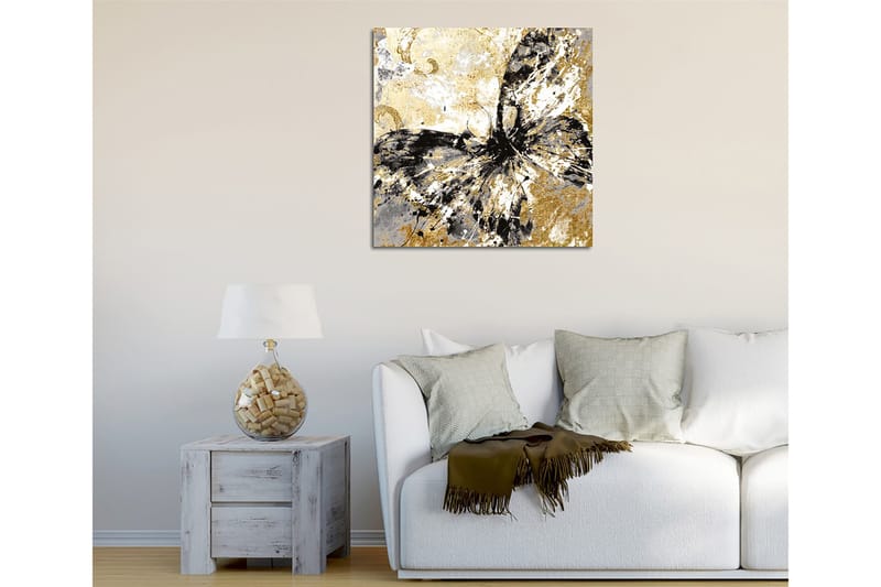 Lærredstryk 45x45 cm - Abstrakt sommerfugl med guld- og sorte elementer - Guld / Sort / Hvid - Boligtilbehør - Billeder & kunst - Billeder på lærred