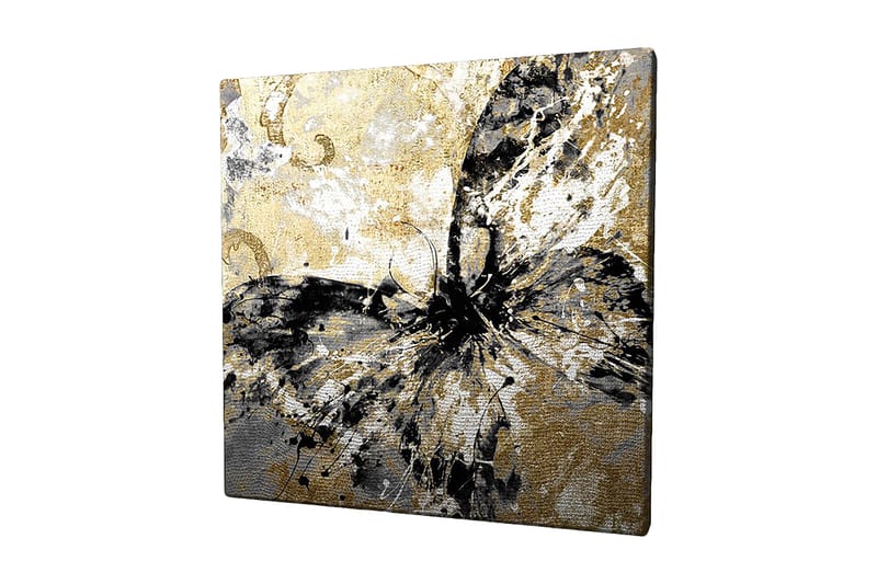 Lærredstryk 45x45 cm - Abstrakt sommerfugl med guld- og sorte elementer, Guld / Sort / Hvid