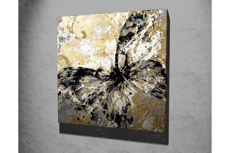 Lærredstryk 45x45 cm - Abstrakt sommerfugl med guld- og sorte elementer - Guld / Sort / Hvid - Boligtilbehør - Billeder & kunst - Billeder på lærred