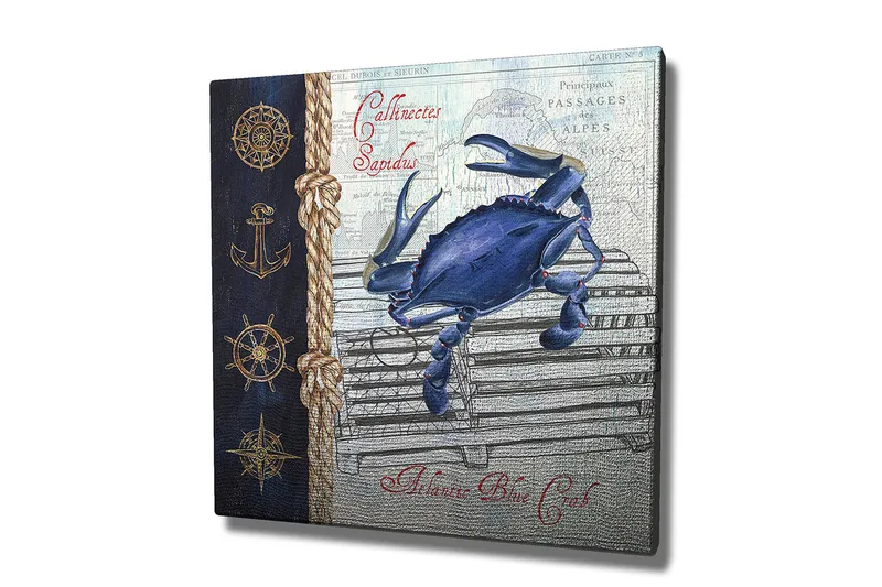 Lærredstryk 45x45 cm - Blå krabbe på et fiskebur med nautiske detaljer - Blå / Beige / Mørkeblå - Boligtilbehør - Billeder & kunst - Billeder på lærred