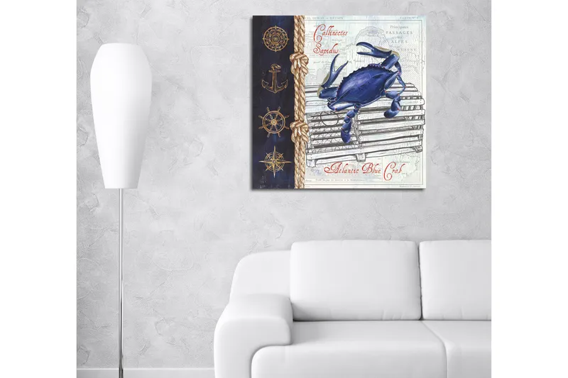 Lærredstryk 45x45 cm - Blå krabbe på et fiskebur med nautiske detaljer - Blå / Beige / Mørkeblå - Boligtilbehør - Billeder & kunst - Billeder på lærred