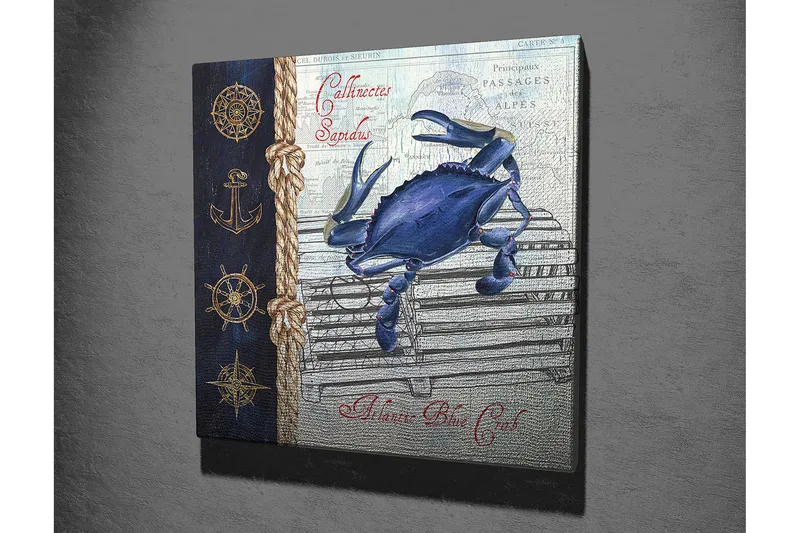 Lærredstryk 45x45 cm - Blå krabbe på et fiskebur med nautiske detaljer - Blå / Beige / Mørkeblå - Boligtilbehør - Billeder & kunst - Billeder på lærred