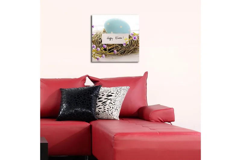 Lærredstryk 45x45 cm - Blå påskeæg i en fuglerede med lilla blomster - Blå / Brun / Lilla - Boligtilbehør - Billeder & kunst - Billeder på lærred