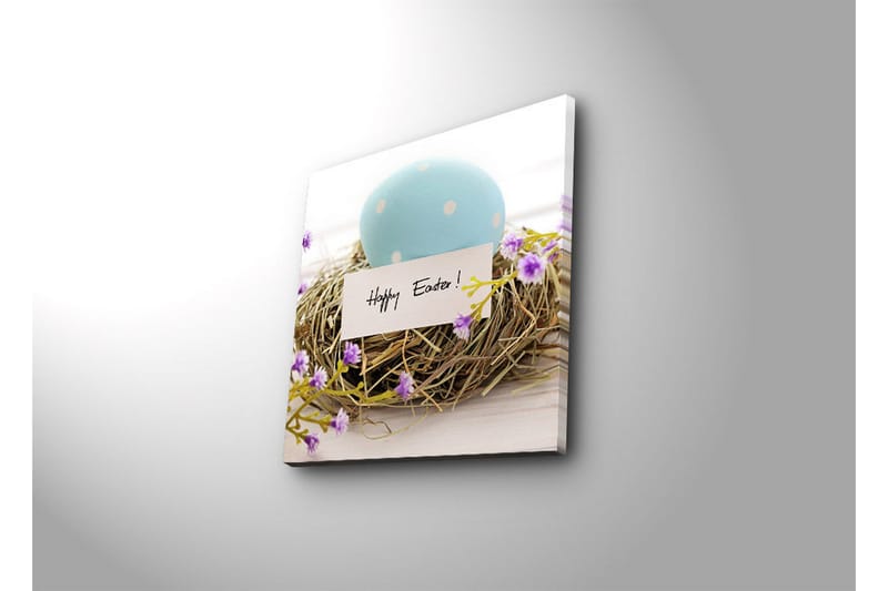 Lærredstryk 45x45 cm - Blå påskeæg i en fuglerede med lilla blomster - Blå / Brun / Lilla - Boligtilbehør - Billeder & kunst - Billeder på lærred