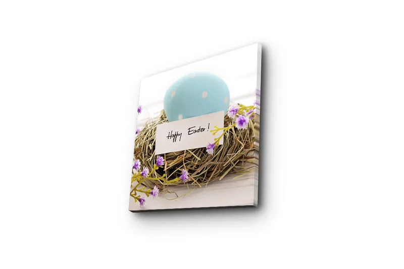 Lærredstryk 45x45 cm - Blå påskeæg i en fuglerede med lilla blomster - Blå / Brun / Lilla - Boligtilbehør - Billeder & kunst - Billeder på lærred