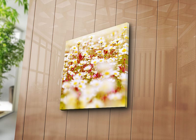 Lærredstryk 45x45 cm - Blomstermark i forskellige nuancer af hvid og gul - Hvid / Gul / Grøn - Boligtilbehør - Billeder & kunst - Billeder på lærred