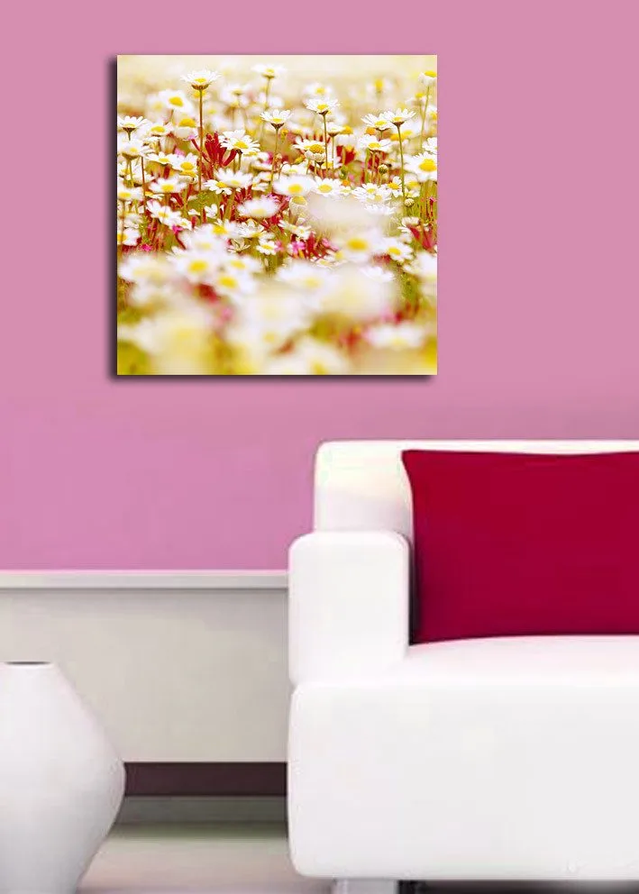 Lærredstryk 45x45 cm - Blomstermark i forskellige nuancer af hvid og gul - Hvid / Gul / Grøn - Boligtilbehør - Billeder & kunst - Billeder på lærred