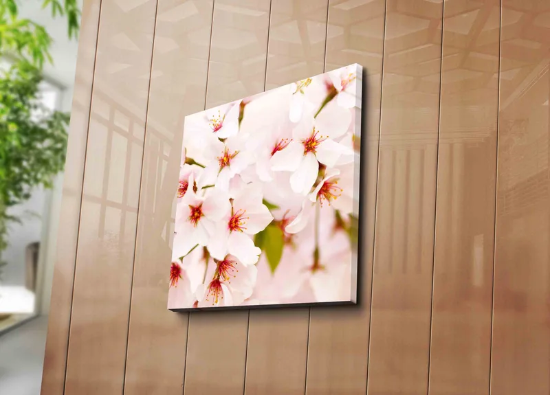 Lærredstryk 45x45 cm - Blomstrende kirsebærblomster i pastelfarver - Lys pink / Hvid / Grøn - Boligtilbehør - Billeder & kunst - Billeder på lærred