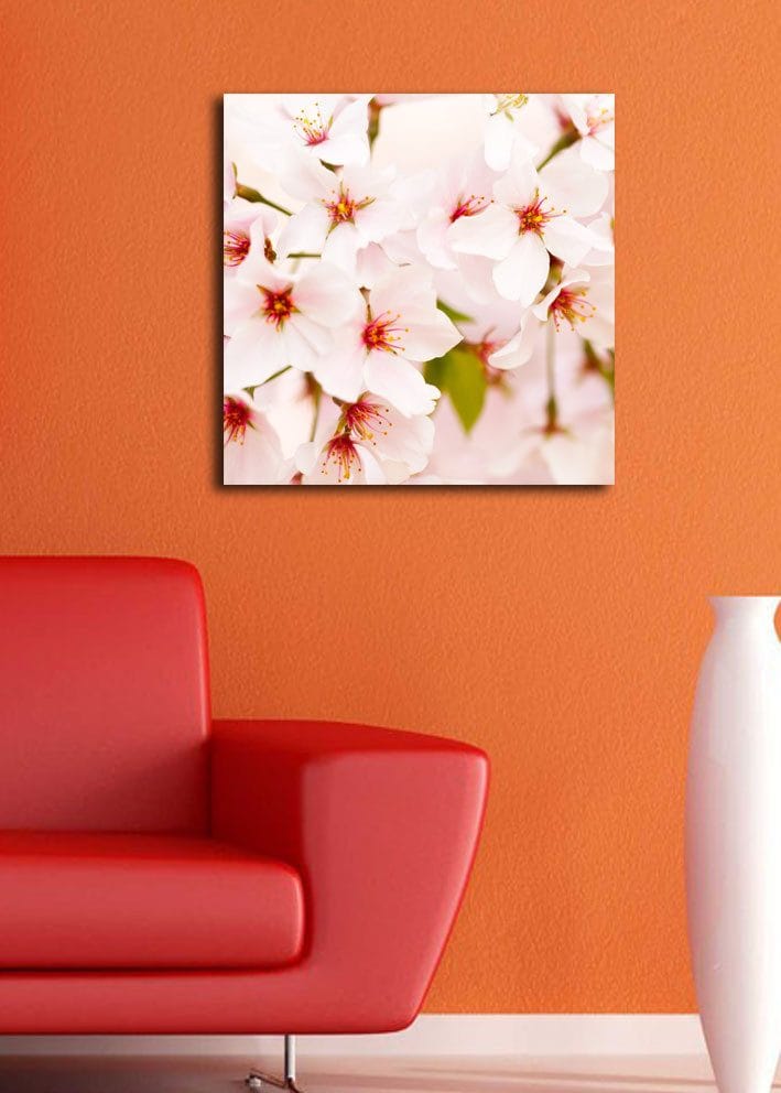 Lærredstryk 45x45 cm - Blomstrende kirsebærblomster i pastelfarver - Lys pink / Hvid / Grøn - Boligtilbehør - Billeder & kunst - Billeder på lærred