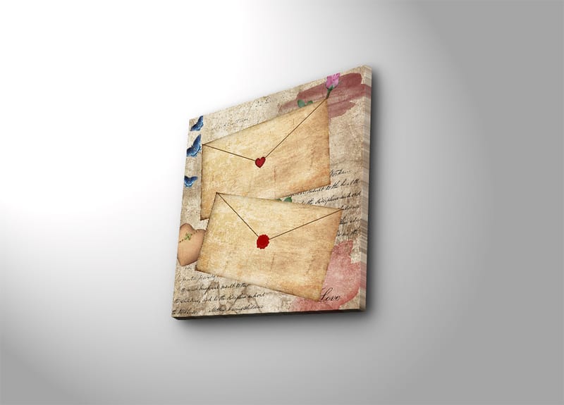 Lærredstryk 45x45 cm - Bogstav med hjerter og blomster på gammeldags papir, Beige / Rød / Blå