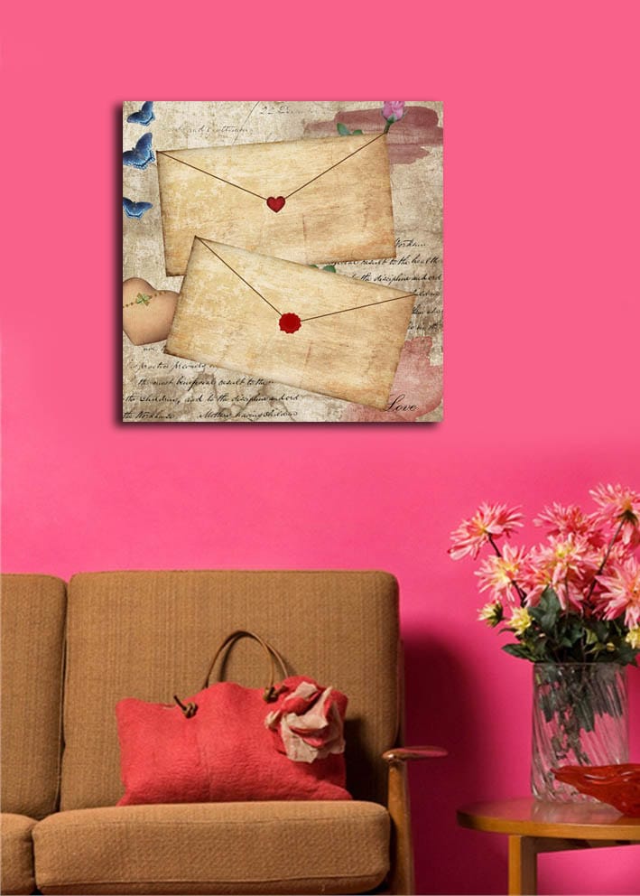 Lærredstryk 45x45 cm - Bogstav med hjerter og blomster på gammeldags papir - Beige / Rød / Blå - Boligtilbehør - Billeder & kunst - Billeder på lærred