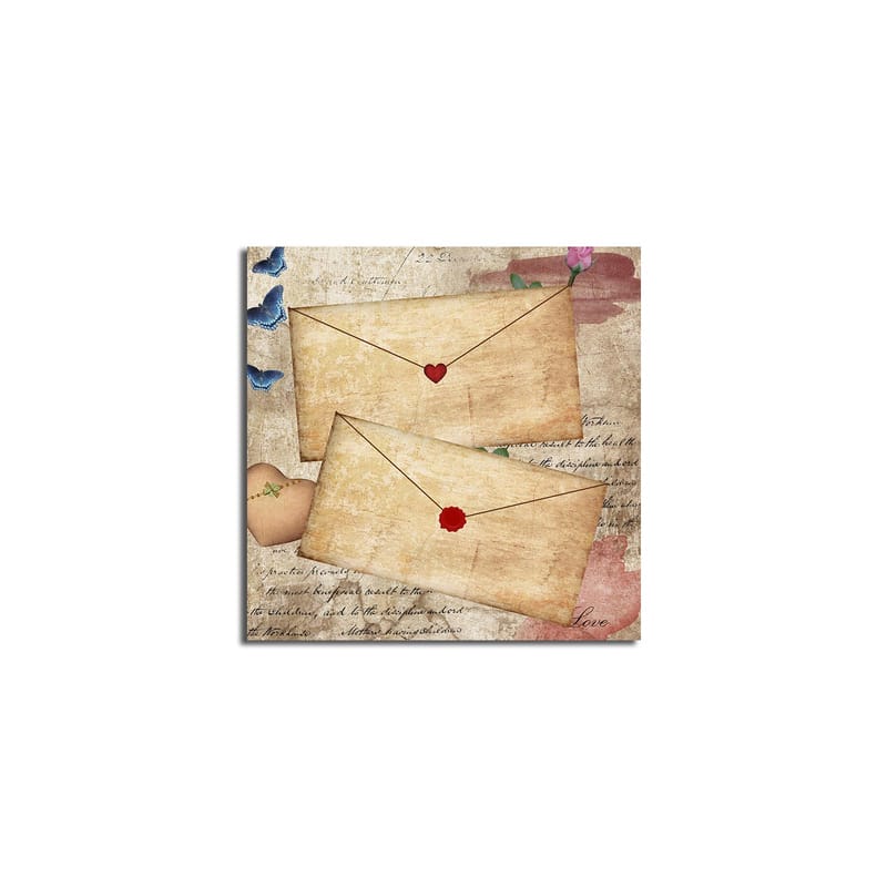 Lærredstryk 45x45 cm - Bogstav med hjerter og blomster på gammeldags papir - Beige / Rød / Blå - Boligtilbehør - Billeder & kunst - Billeder på lærred