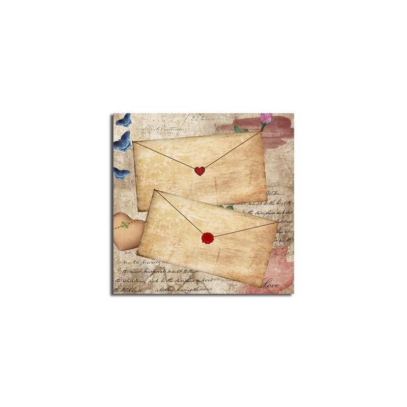 Lærredstryk 45x45 cm - Bogstav med hjerter og blomster på gammeldags papir - Beige / Rød / Blå - Boligtilbehør - Billeder & kunst - Billeder på lærred