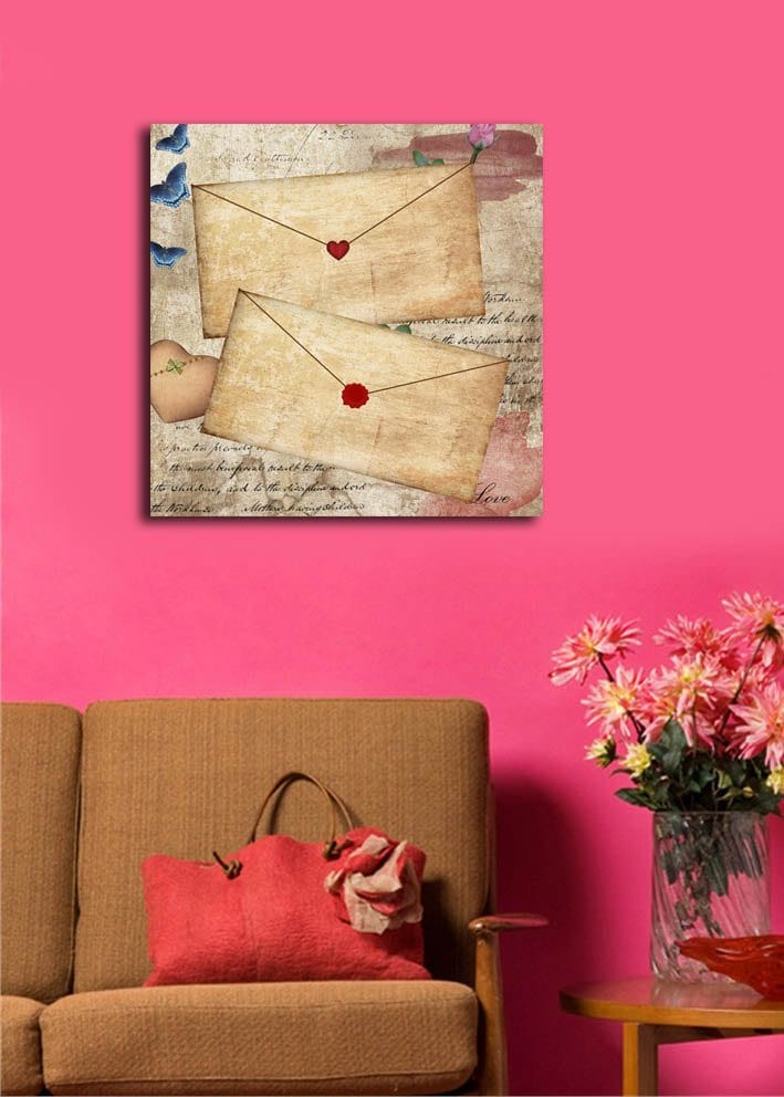 Lærredstryk 45x45 cm - Bogstav med hjerter og blomster på gammeldags papir - Beige / Rød / Blå - Boligtilbehør - Billeder & kunst - Billeder på lærred
