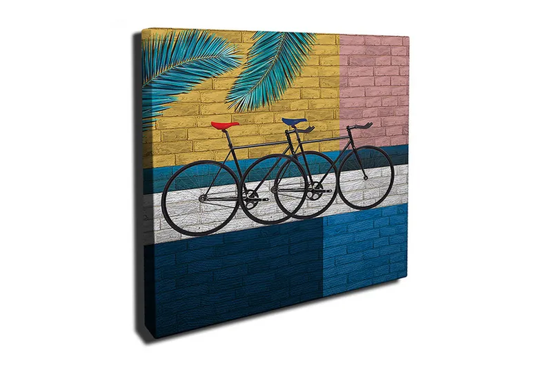 Lærredstryk 45x45 cm - Cykler mod en farverig væg - Gul / Blå / Sort - Boligtilbehør - Billeder & kunst - Billeder på lærred
