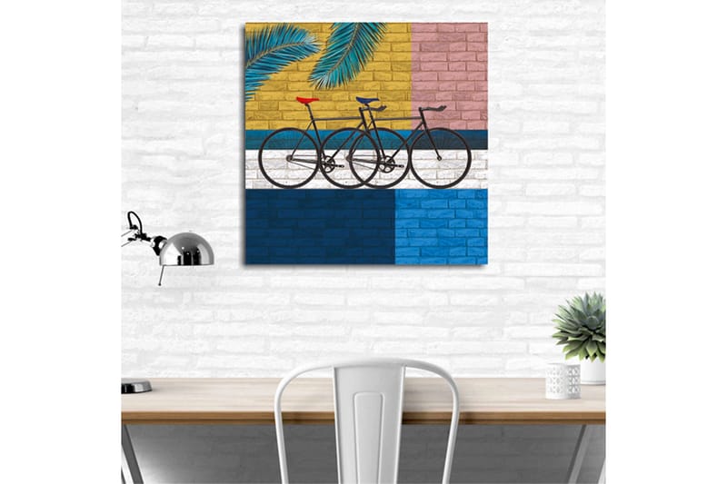 Lærredstryk 45x45 cm - Cykler mod en farverig væg - Gul / Blå / Sort - Boligtilbehør - Billeder & kunst - Billeder på lærred