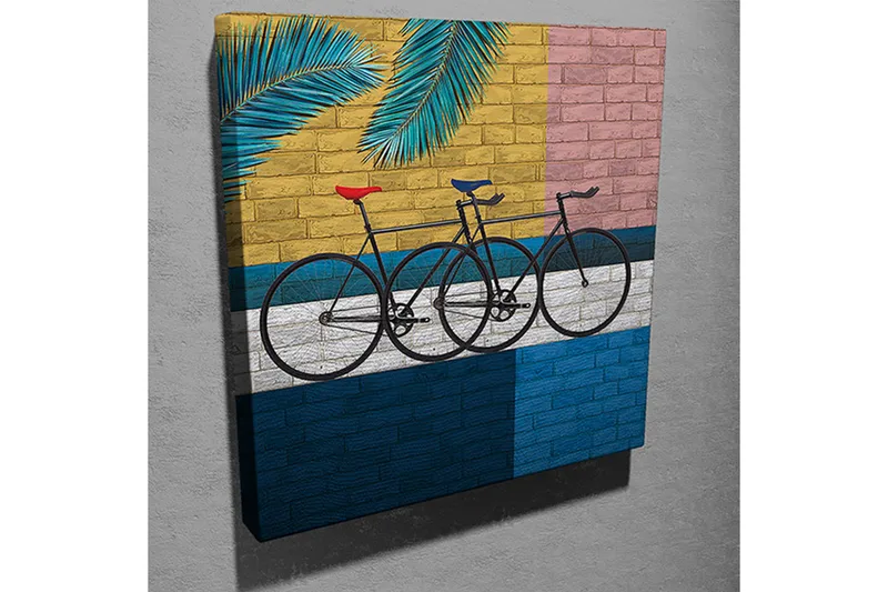 Lærredstryk 45x45 cm - Cykler mod en farverig væg - Gul / Blå / Sort - Boligtilbehør - Billeder & kunst - Billeder på lærred