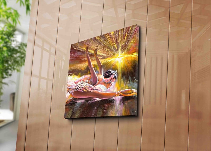 Lærredstryk 45x45 cm - Dansende ballerina i en strålende lyskomposition - Lyserød / Guld / Hvid - Boligtilbehør - Billeder & kunst - Billeder på lærred