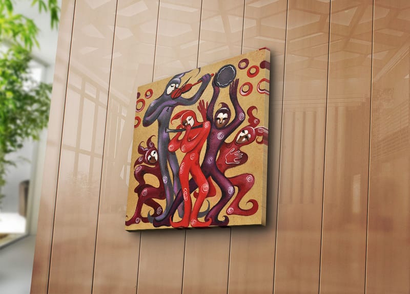 Lærredstryk 45x45 cm - Dansende figurer i livlige røde og lilla nuancer - Rød / Lilla - Boligtilbehør - Billeder & kunst - Billeder på lærred