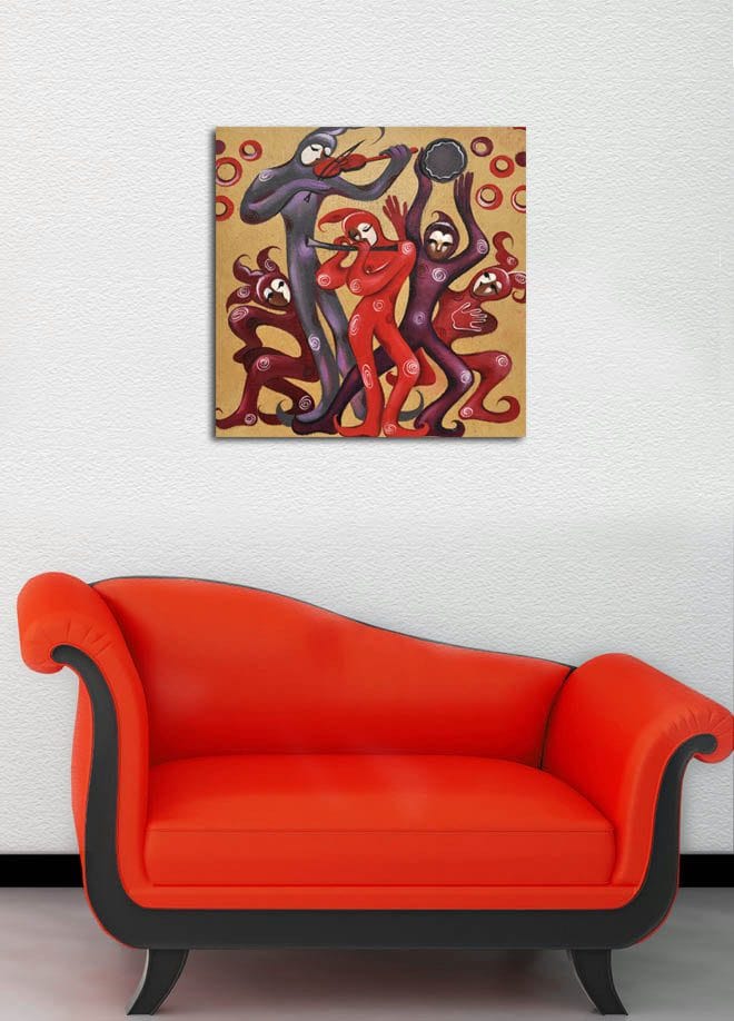 Lærredstryk 45x45 cm - Dansende figurer i livlige røde og lilla nuancer - Rød / Lilla - Boligtilbehør - Billeder & kunst - Billeder på lærred