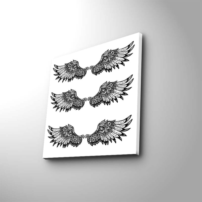 Lærredstryk 45x45 cm - Detaljerede fjer i en symmetrisk komposition af vinger, Sort / Hvid