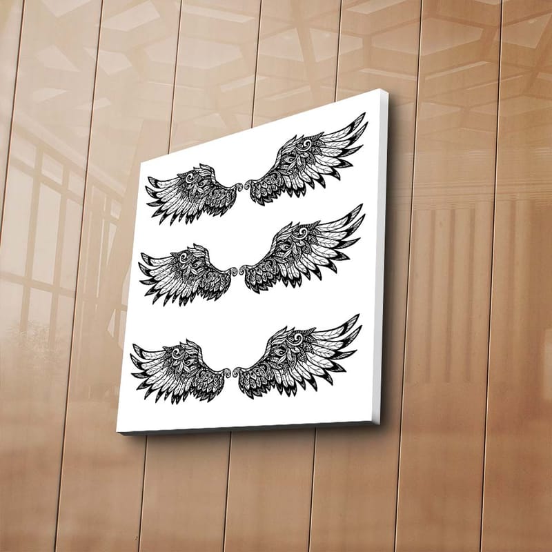 Lærredstryk 45x45 cm - Detaljerede fjer i en symmetrisk komposition af vinger - Sort / Hvid - Boligtilbehør - Billeder & kunst - Billeder på lærred