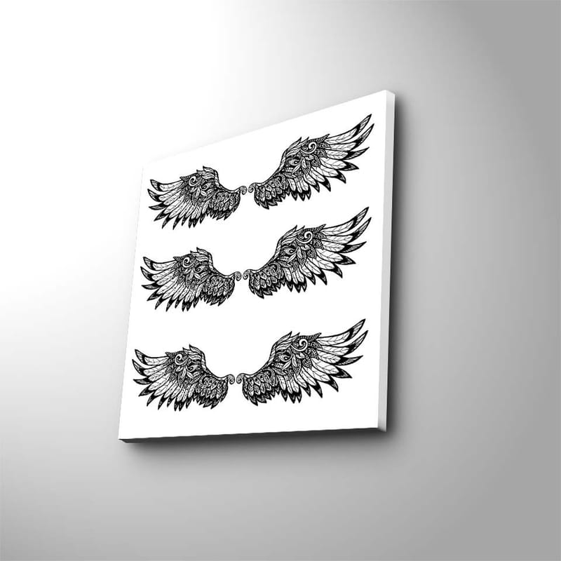 Lærredstryk 45x45 cm - Detaljerede fjer i en symmetrisk komposition af vinger, Sort / Hvid