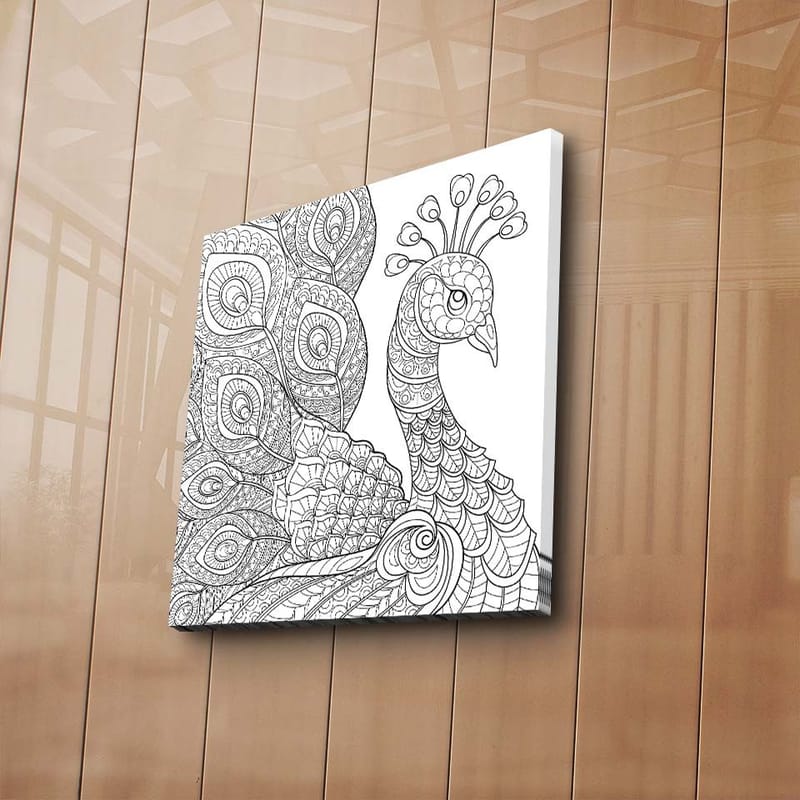 Lærredstryk 45x45 cm - Detaljeret fjerkræ med udsmykkede fjer - Sort / Hvid - Boligtilbehør - Billeder & kunst - Billeder på lærred