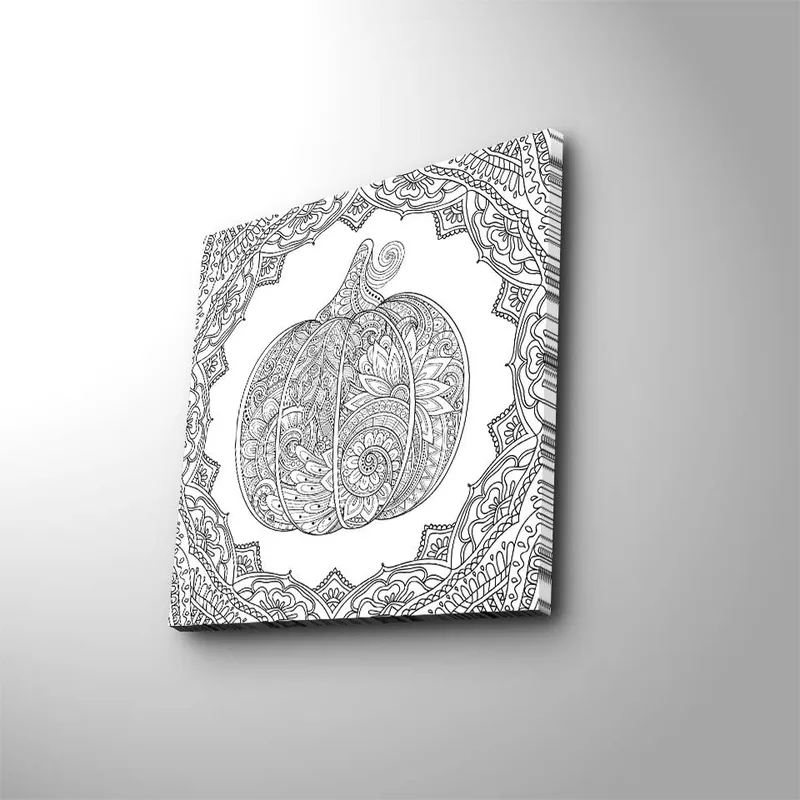 Lærredstryk 45x45 cm - Detaljeret græskar med ornamentale mønstre, Sort / Hvid