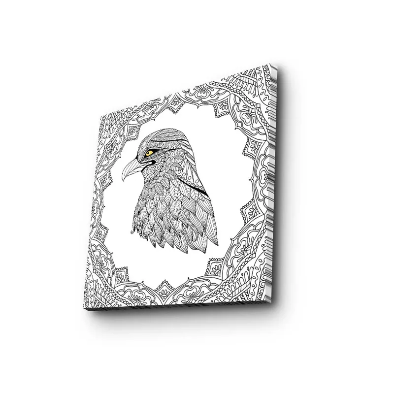 Lærredstryk 45x45 cm - Detaljeret illustration af en ørn med en indviklet ramme, Sort / Gul
