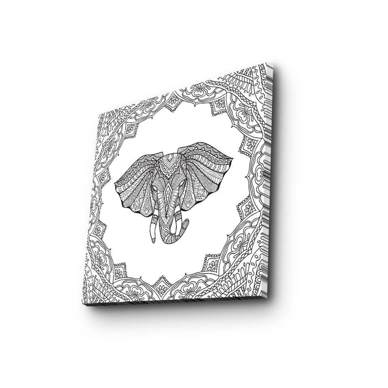 Lærredstryk 45x45 cm - Detaljeret illustration af en elefant omgivet af ornamentale mønstre - Sort / Hvid - Boligtilbehør - Billeder & kunst - Billeder på lærred