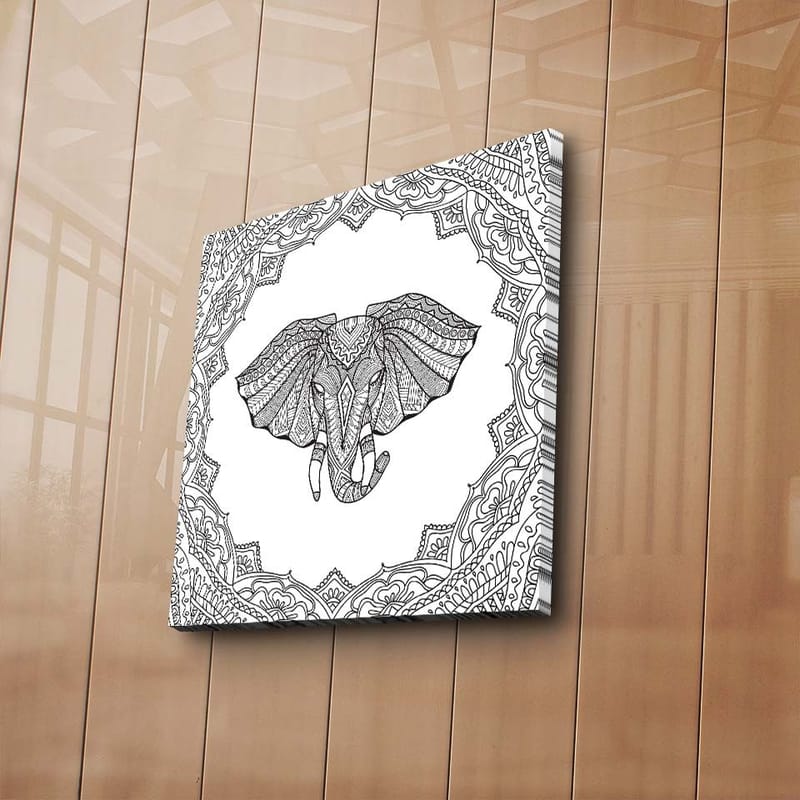 Lærredstryk 45x45 cm - Detaljeret illustration af en elefant omgivet af ornamentale mønstre - Sort / Hvid - Boligtilbehør - Billeder & kunst - Billeder på lærred