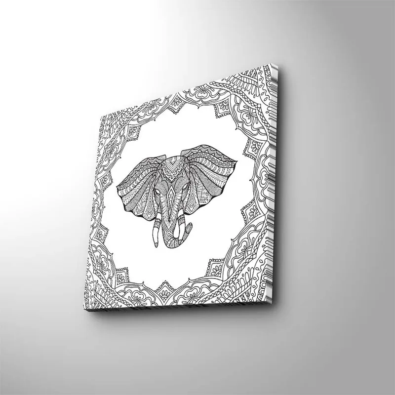 Lærredstryk 45x45 cm - Detaljeret illustration af en elefant omgivet af ornamentale mønstre, Sort / Hvid