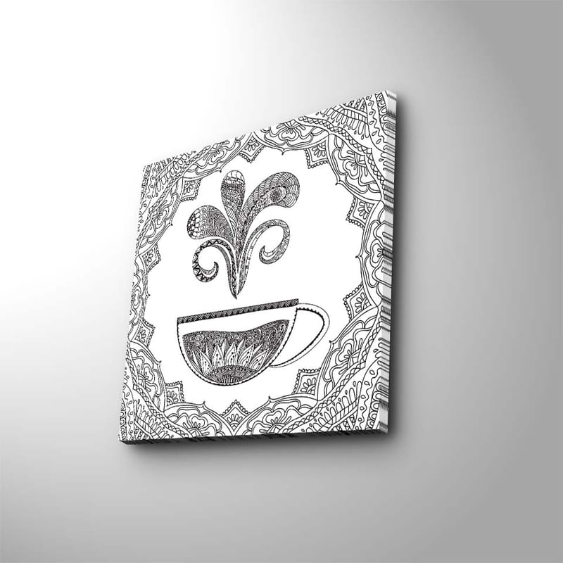 Lærredstryk 45x45 cm - Detaljeret illustration af en kaffekop med dampende mønster, Sort / Hvid
