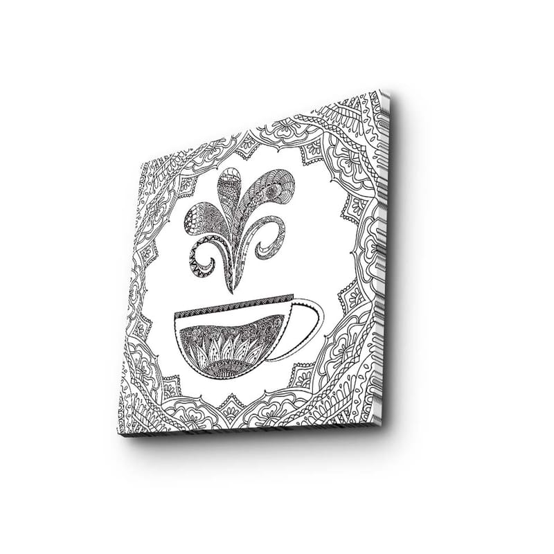 Lærredstryk 45x45 cm - Detaljeret illustration af en kaffekop med dampende mønster - Sort / Hvid - Boligtilbehør - Billeder & kunst - Billeder på lærred