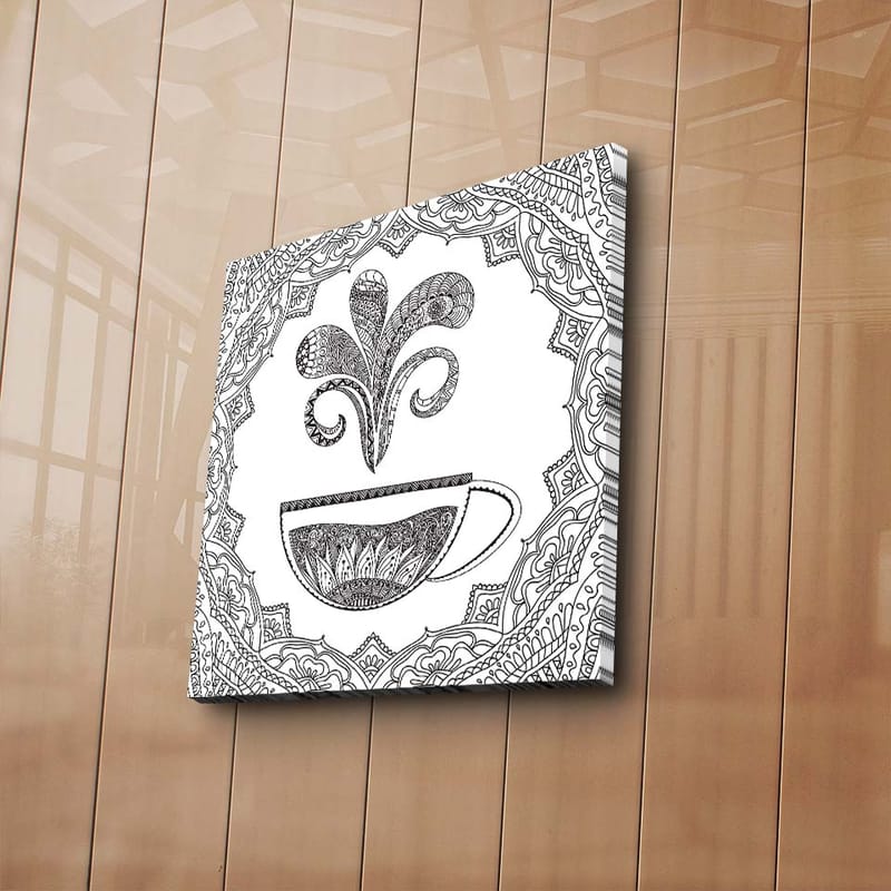 Lærredstryk 45x45 cm - Detaljeret illustration af en kaffekop med dampende mønster - Sort / Hvid - Boligtilbehør - Billeder & kunst - Billeder på lærred