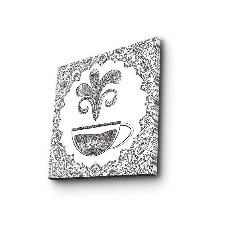 Lærredstryk 45x45 cm - Detaljeret illustration af en kaffekop med dampende mønster - Sort / Hvid - Boligtilbehør - Billeder & kunst - Billeder på lærred