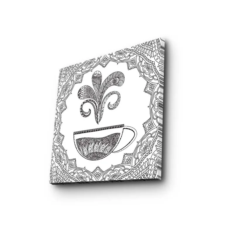 Lærredstryk 45x45 cm - Detaljeret illustration af en kaffekop med dampende mønster - Sort / Hvid - Boligtilbehør - Billeder & kunst - Billeder på lærred